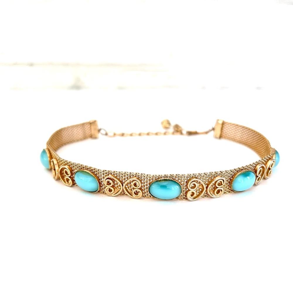 Elegant Gold Tone Mesh Choker Blue Cabochons Vintage Necklace Hook Clasp